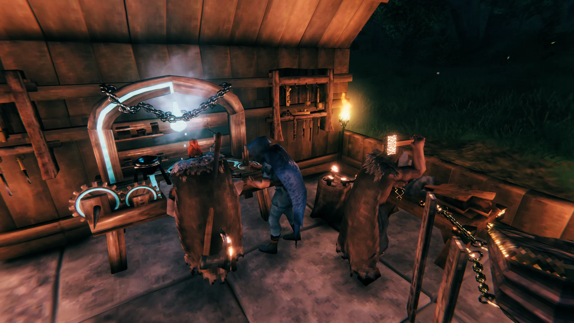 A busy Viking workshop where three players craft beside glowing workbenches at night