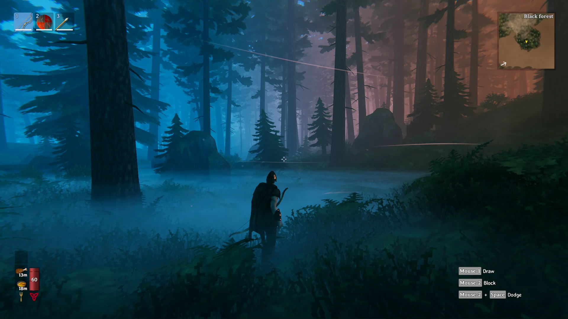 A Viking exploring a misty Black Forest split between blue moonlight and warm dawn