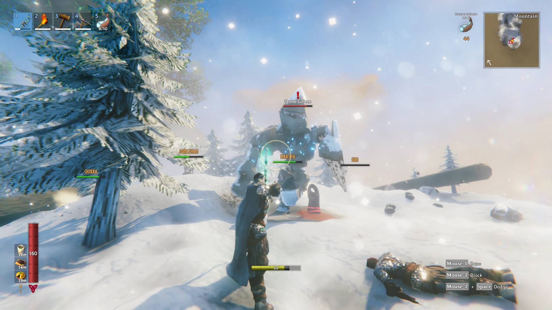 A group of Vikings fighting a Stone Golem in a snowy mountain biome