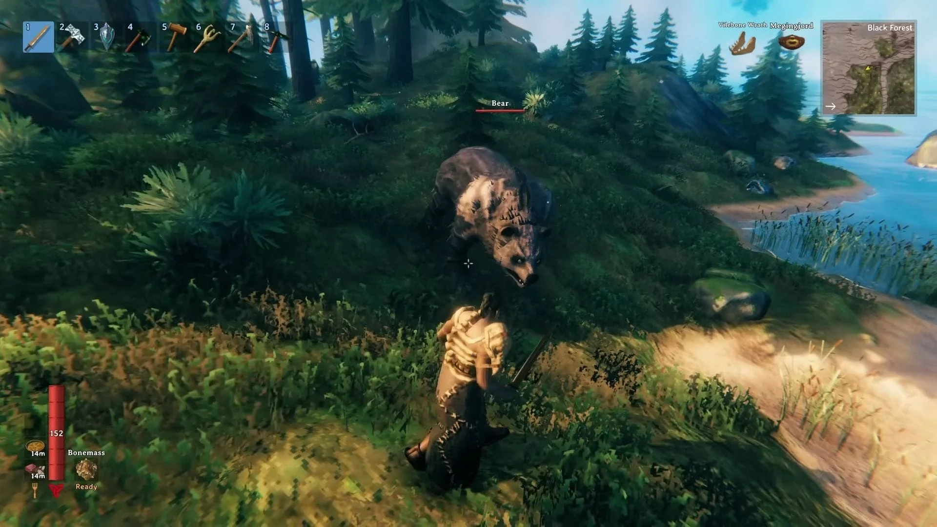 A Viking facing a bear beside a lake in the Black Forest