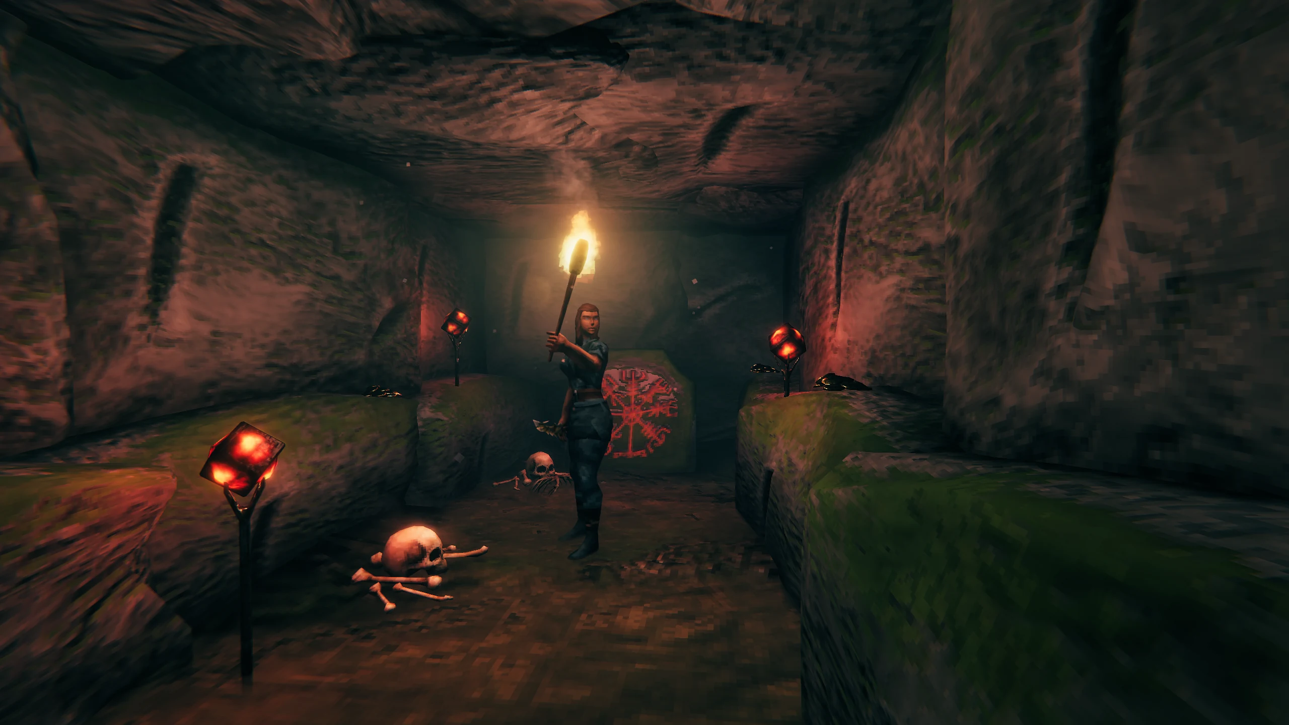 A Viking exploring a torchlit burial chamber