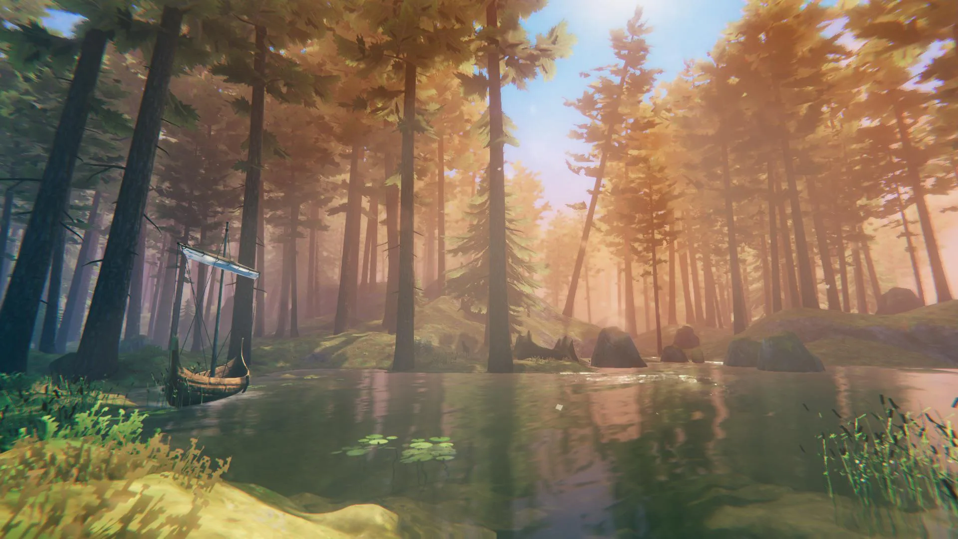 A Viking longship resting on a forest river in warm morning light