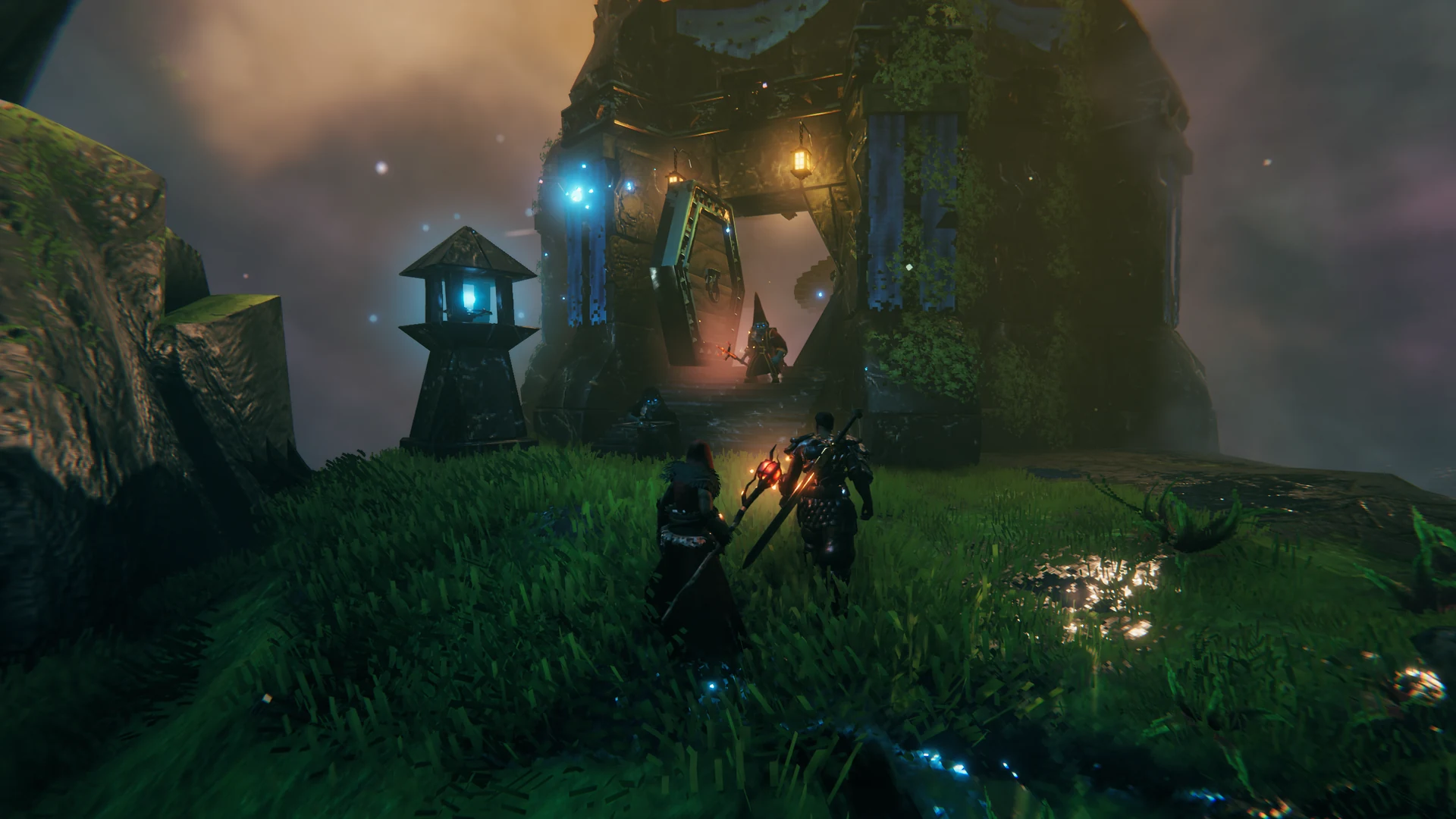 Two Vikings approaching a fortified tower in the Mistlands