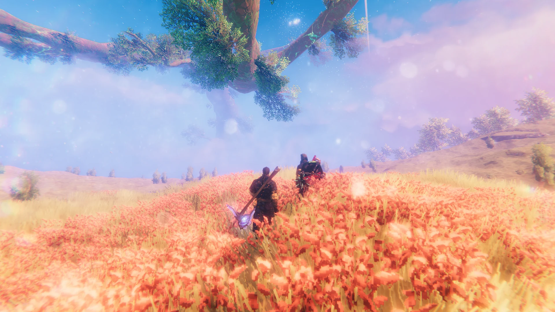 Two Vikings crossing a sunlit field of red grass beneath Yggdrasil